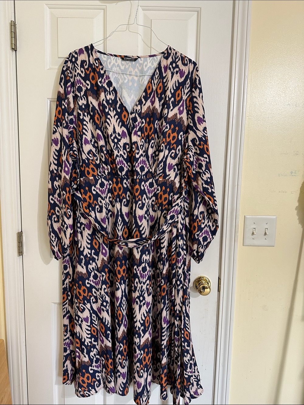 Boho V-Neck Long Sleeve Midi Dress in Navy, Purple & Brown
